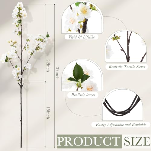 3 Pcs White Cherry Blossom Branches 37 Inch Artificial Fake Realistic Cherry Blossom Stems Silk Faux Extra Long Stem Flowers for Tall Vase Home Decor Wedding Table Centerpieces - color: White