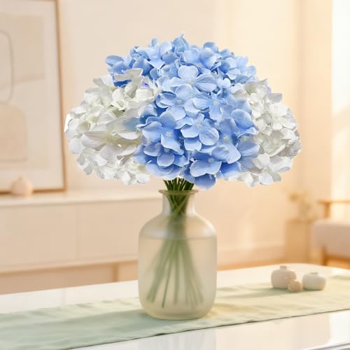 Hydrangea Artificial Flowers, 40 Pcs White And Blue Hydrangea Artificial Flowers Bulk, Faux Hydrangea Flowers for Outdoor, Fake Silk Ivory Hydrangea Flowers with Stems for Wedding Decoration Decor - color: White Blue, size: 40 Pcs