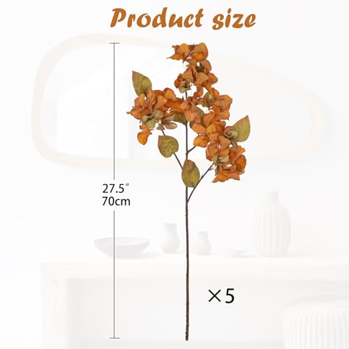 Briful Bougainvillea Artificial Flowers 5 Pack 27.5" Fake Bougainvillea Floral Stems Realistic Silk Bougainvillea Arrangements for Home Weddings Parties Table Vase Centerpiece Decor(Orange) - color: Orange