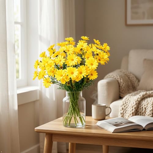10 Bundles Yellow Artificial Daisy Flowers, 20" UV Resistant Outdoor Fake Wildflowers with Stems & Faux Greenery for Home Garden Vase Table Decor - color: Yellow