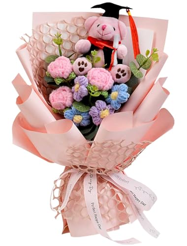 Graduation Gifts Crochet Flowers Bouquet, Handmade Sunflower Rose Bear Graduations Flower Bouquet for Birthday, Teacher Appreciation Gifts, Christmas, Home Décor (Include Card) Pink - color: Pink