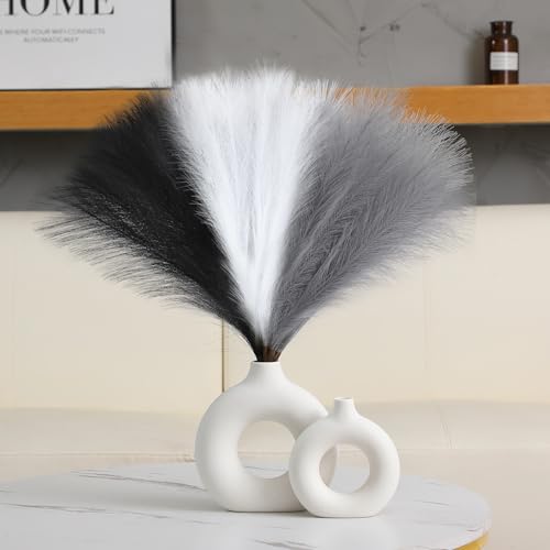 Ureymx Faux Pampas Grass Decor 17.7 Inch 6pcs, Artificial Pampas Grass Fluffy Home Decor, Short Vase Room Decor pompous Grass Flower Arrangement for Boho Home Wedding Decoration (Black,White,Grey) - color: Black,white,grey, size: 17 Inch 6 Pcs