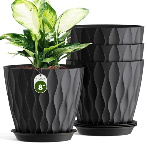 8 Inch Wave Plant Pots with Drainage Holes & Saucers, 4 Pack Modern Textured Medium Planters for Indoor Outdoor Plants, Decorative Flower Pots Repotting Set for Flowers, Herbs (Black) - color: Black