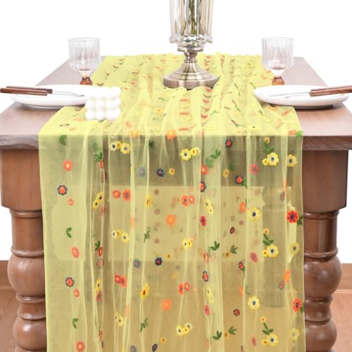 Joanlody Yellow Embroidery Daisy Spring Summer Table Runner Florals Seasonal Tulle Table Runner for Home Garden Tea Party Holiday Birthday Decoration - color: Yellow, size: 10ft x 1pack