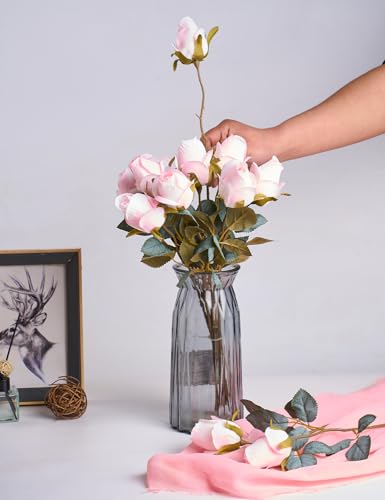 PONKING Rose Artificial Flower Buds 12pcs Realistic Faux Silk Roses Fake Flowers Bouquets Arrangements Decor for Wedding Spring Mother's Day, Home Table Decorations, Light Pink Flower - color: C 12pcs Light Pink Rose