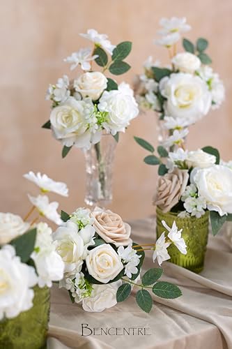 White and Sage Wedding Centerpieces Flowers Set of 6 Mini Bridesmaid Bouquets Posy Bouquet Pre-Made Wedding Flowers Centerpieces for Tables Artificial Flowers - color: White