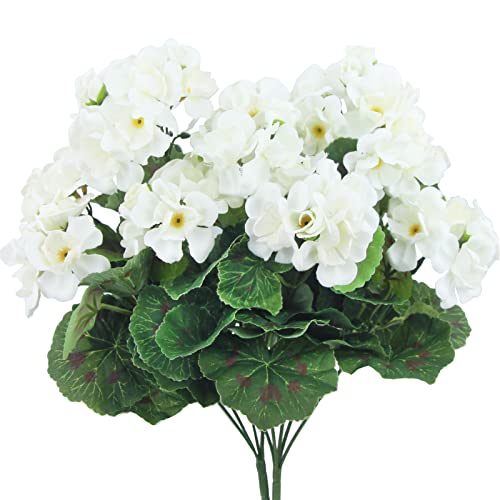 CISDUEO 2 Pcs Artificial Geraniums for Outdoor Silk Flowers White Artificial Geranium Bush Faux Flowers Geraniums for Floral Home Decor Indoor Garden Patio Grave Cemetary Vase Table Centerpiece - color: White