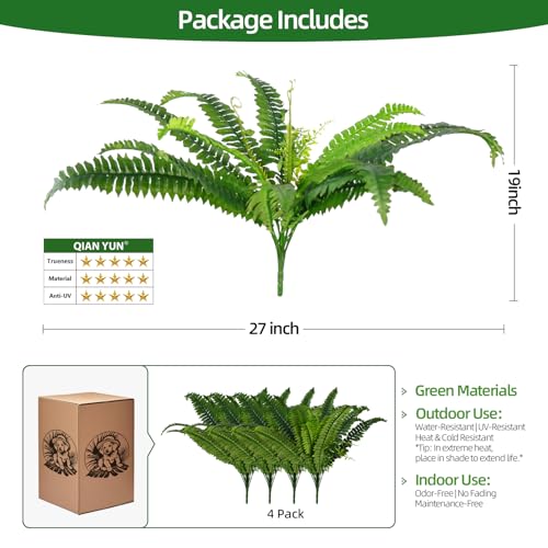 Fake Ferns, 4 Bundles Faux Fern Plants , Large Artificial Boston Fern Greenery for Outdoor Planters, Porch, Garden, Home & Office Decoration (4, Green)