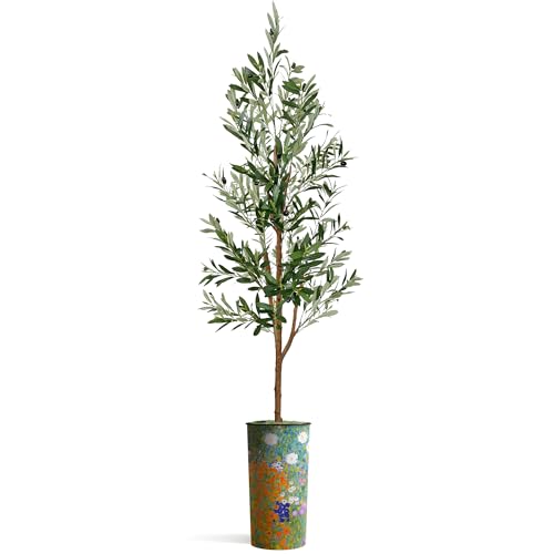 Artificial Tree in Colorful Flower Pattern Planter, Fake Olive Silk Tree for Indoor and Outdoor Home Decoration - 68" Overall Tall (Plant Pot Plus Tree) - style: Olive Tree
