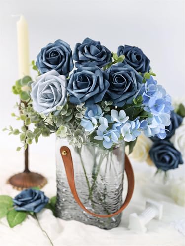Artificial Flowers 25 Pack Blue Faux Foam Roses with Stems, Real Looking Fake Rose for DIY Wedding Bouquets, Bridal Shower Centerpieces, Party Table Decorations, Home Decor - color: Navy Blue, size: 25Pcs