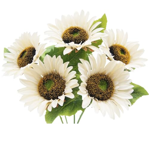 LILOCOO 5pcs Artificial Sunflowers Vintage Fake Silk Sunflowers Fake Bouquet Large Decor for Home Hotel Office Wedding Party Garden(White) - color: White