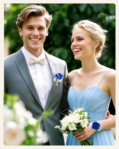 eZAKKA Wristlet Corsage and Boutonniere Set, Blue Corsage for Men, Flower Rose Wrist Corsage Bracelets Decorations for Wedding Party Prom Suit - color: blue