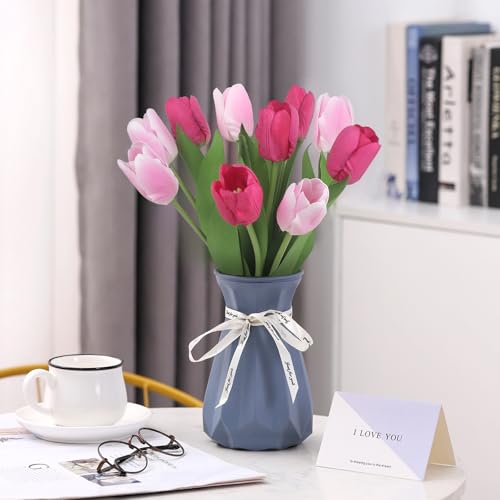 Artificial Tulips - 20 Stems Real Touch Realistic Fake Tulip Flowers Premium Silk Feel UV-Resistant Anti-Fade Waterproof Lifelike Tulips for Home Decor, Wedding Party DIY (Light Pink & Fuchsia) - color: Light Pink & Fuchsia