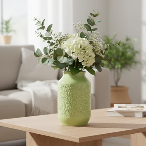 Green Ceramic Vase for Flowers, 9 Inch Decorative Vase for Pampas Grass, Modern Texture Vases for Home Decor, Table Shelf, Kitchen, Living Room Decor - color: Modern Green