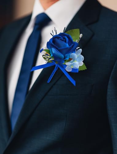 Marriwise 6pcs Rose Boutonniere for Men, Artificial Flowers Wedding Groom Groomsmen Boutonniere for Wedding/Anniversary/Prom/Rustic Wedding/Homecoming (Navy Blue) - color: Navy Blue