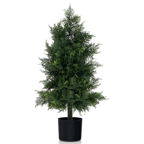 Goplus 31.5'' Artificial Cedar Topiary Trees for Outdoors, Potted Fake Cypress Trees with Cement Plastic Pot, Faux Cedar Pines Evergreen Plants for Indoor Home Front Porch Decor - size: 2ft 8in