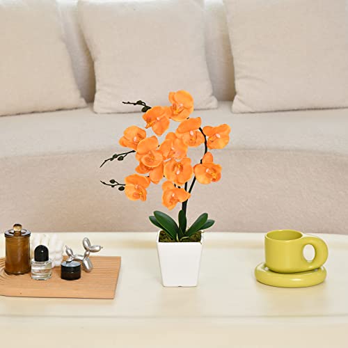 15" Tall Artificial Silk Phalaenopsis Orchid Flower Plant Pot Arrangements (Orange) - color: Orange