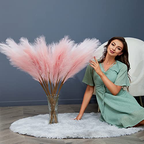 FOTEEWL 8 PCS Faux Pampas Grass Decor 38"/3.1FT Tall Fake Pompas Floral Large Artificial Pompous Grass Branches Plants for Floor Vase Filler Home Boho Decoration (Pink) - color: Pink