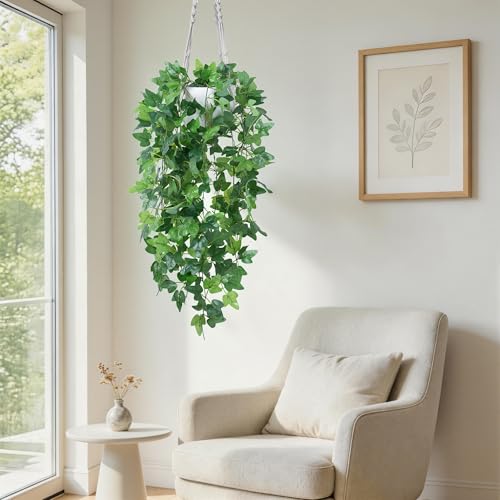 DREAMLOOM Fake Hanging Plants with Pot, Artificial Ivy Hanging Plants with Macrame Hanger for Indoor Decor, Fake Hanging Vines Faux Greenery for Home Kitchen Office - color: Ivy