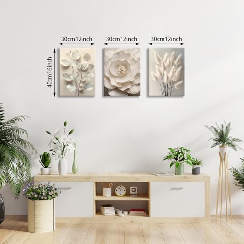 WENGTIAO 3Pcs Beige Floral Botanical Frame Canvas Wall Art, Neutral Textured Flower Plant Wall Painting Picture Wall Decor Vintage Blossom Prints for Bedroom Living Room Reay to Hang 12"x16"x3Pcs - color: Flower-White botanical, size: 12"x16"x3Pcs