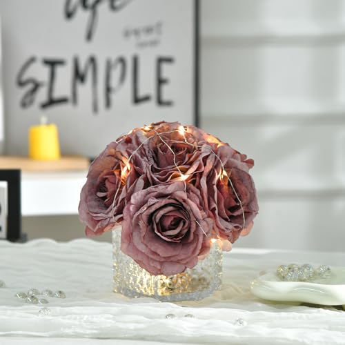 Artificial Rose in Glass Vase Vintage Silk Flower Arrangement with LED Light for Table Centerpiece Home Wedding Decoration (Plum Purple) - color: Plum Purple