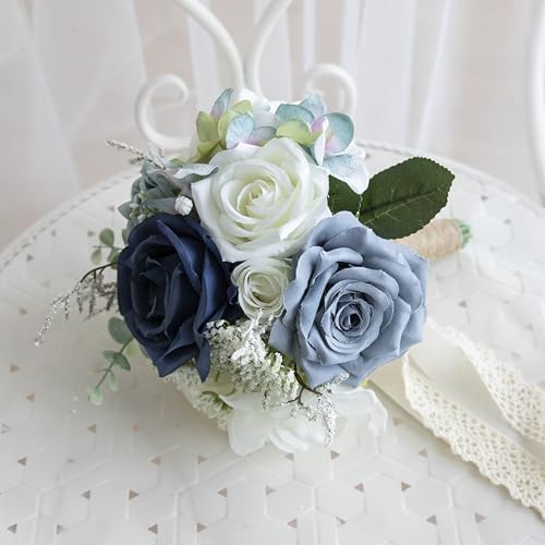 Wedding Bouquets for Bride Bridesmaid, Artificial Dusty Blue Bride Flower Bouquet for Wedding Church Decoration Ceremony, Anniversary, etc, Roses Flowers - color: Dusty Blue & Ivory & Navy Blue