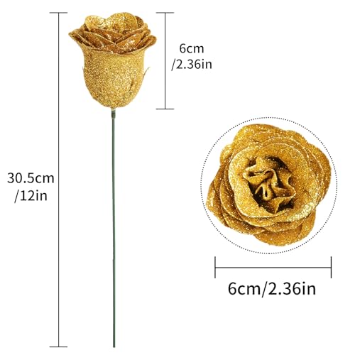 Gold Roses,30PCS Glitter Roses Bouquet Artificial Roses with Stems for Wedding Bouquet Party Christmas Home Decor(Gold) - color: Gold