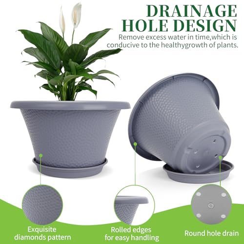 Quarut 12 Inch Large Planter Pot for Plants Indoor Outdoor, 4 Pack Plastic Flower Pots with Drainage Hole & Tray, Modern Decorative Garden Pot with Saucer, Plant Container for House Grey - color: Diamond Pattern-grey, size: 12 inch-4 Pack