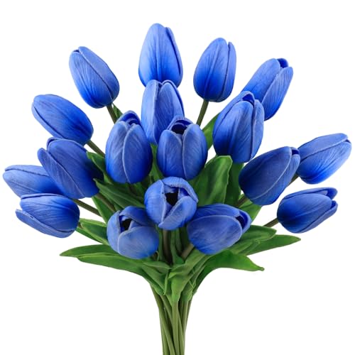 Beferr 18pcs Tulips Artificial Flowers Faux Tulip Real Touch Fake Flowers Bouquets Arrangements for Mothers Day Easter Spring Flowers Gifts Home Table Decor Blue - color: R-18pcs-1colors-blue, size: 18PCS