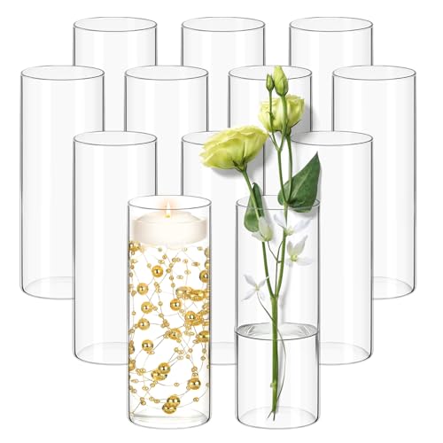 12 Pack Glass Cylinder Vases for Centerpieces 10 Inch Tall Clear Flower Bulk Vase Hurricane Floating Candle Holder for Table Home Decor Wedding Holiday Floral Shelf Party Dining Decoration - size: 10 Inch