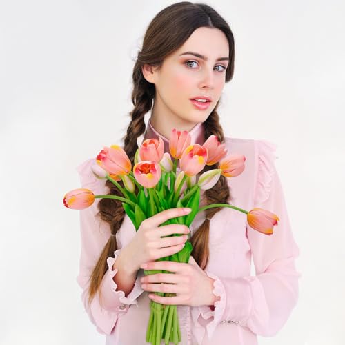 4 Budles (20Pcs) Tulips Artificial Flowers 13" Latex Fake Flowers for Wedding Home Decor (Coral) - color: Coral