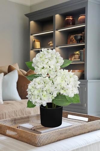 Hollyone White Hydrangea Artificial Flowers in Pots 19.7" Faux Silk Hydranges Flowers Tree Arrangements for Home Bathroom Office Table Centerpiece Shelf Decorations - color: White, size: 3 Head Hydrangea