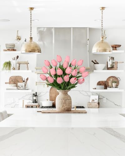 20 Pcs Pink Tulips Artificial Flowers Real Touch Fake Tulips Fake Flowers for Mother's Day 13.5" Faux Tulips Faux Flowers Bulk Artificial Tulips Flowers for Vase Centerpieces Home Wedding Bouquet - color: Pink #20