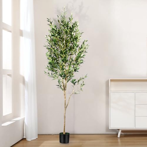 7FT Olive Tree Artificial Indoor - Tall Faux Olive Tree with Wood Trunk and Lifelike Fruits - Fake Plants in Pot for Home Office Living Room Decor - size: 7ft
