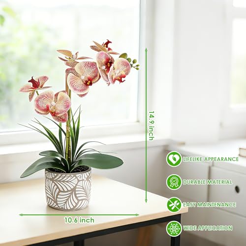 Orchid Artificial Flowers 16" Purple Red Fake Orchid Flowers in White Ceramic Pot Faux Orchid Plant for Home Decor Office Bathroom Table Centerpiece Indoor(Purple-Red Dapple) - color: Purple Dapple-white Patterned