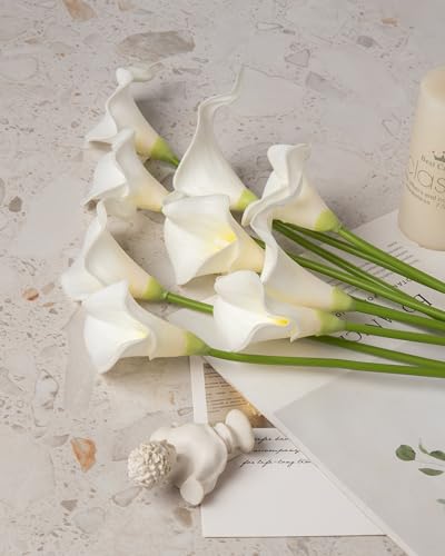 DuHouse 20Pcs Artificial Calla Lily Flower Real Touch Latex Flowers for DIY Wedding Bouquet Party Home Decor (White Yellow) - color: White Yellow, size: 20pcs