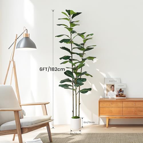 Alupssuc 6FT Artificial Fiddle Leaf Fig Tree with White Planter Pot, 6 feet Tall Fake Tree for Home Decor, Faux Ficus Tree Fake Moss for Indoor Outdoor Office Living Room - size: 6ft