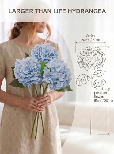 3 Pcs Real Touch Blue Hydrangea Artificial Flowers - 20" Large 3D Latex Light Blue Faux Hydrangeas (Waterproof & 176 Petals) for Baby Shower, Dusty Blue Home Bathroom Living Room Centerpiece - color: Light Blue