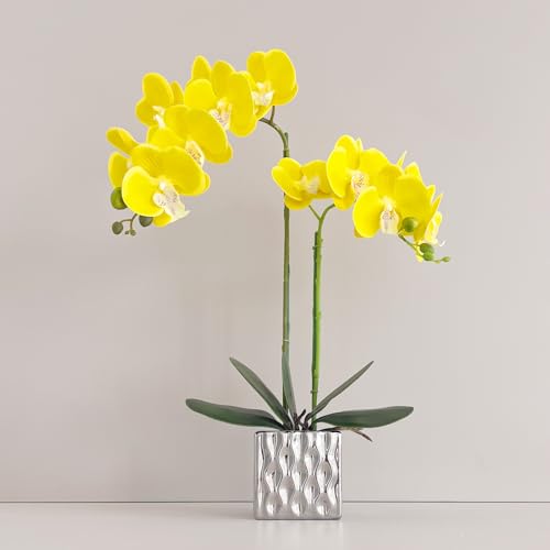 Artificial Orchids Silver Vases Orchids Artificial Flowers Yellow Orchid Height 20 inches - color: Yellow