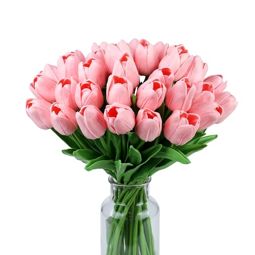SITUMEIZI 15pcs Pink Tulips Fake Artificial Flowers Real Touch 14" PU Flower for Home Kitchen Decor Spring Easter Wedding Bouquet Decorations Office Valentine's Day Gifts - color: Pink