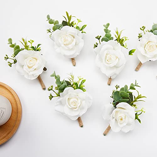 White Ivory Rose Wrist Corsage Boutonniere for Men Wedding Wrist Flower Corsage Hand Flower for Bride Bridesmaid Prom Decor Paty Girl - color: 3 Boutonnieres & 3 Wrist Corsages White