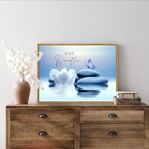 LB Zen Wall Art for Bathroom Butterfly and White Water Lily Flower on Blue Canvas Wall Art Wall Paintings Home Decor Modern Wall Pictures for Living Room Bedroom Office Ready To Hang,17x12 Inch - color: Blue, size: 12"L x 17"W