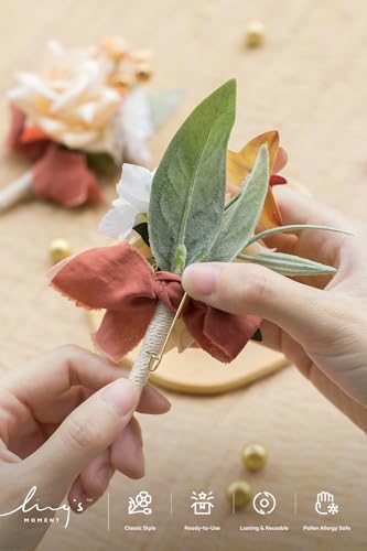 Ling's moment Boutonniere for Men, 6pcs Groom Groomsmen Boutonniere, Artificial Flowers for Wedding Decor/Prom/Homecoming, etc.Terracotta White - color: Or-terracotta & White