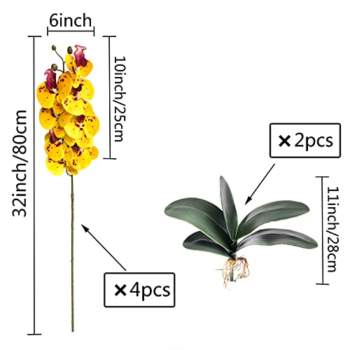 FagusHome 32" Artificial Phalaenopsis Flowers 4 Pcs with 2 Bundles Leaves Artificial Orchid Flowers Stem Plants Fake Butterfly Phalaenopsis Flowers for Home Wedding Party Décor (Yellow Piebald) - color: Yellow Piebald