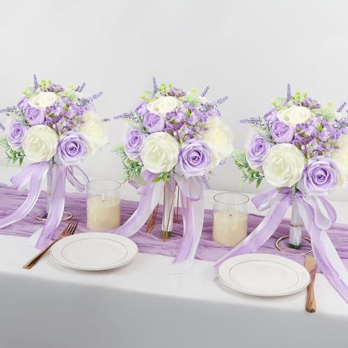 Set of 2 Bridesmaid Bouquets for Wedding - 7 Inch Artificial Flowers Bouquets for Ceremony Anniversary Centerpieces Decorations - Dusty Purple - color: Dusty Purple, size: Set of 2 Bridesmaid Bouquets