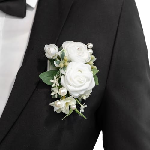Ling's moment Pocket Boutonniere Single, Boutonniere for Men Groom for Wedding, Prom, Homecoming, Anniversary, Graduation, etc.White Ranunculus Ivory, 6" W x 5" H - color: Wht-white Ranunculus & Ivory, size: 6" W x 5" H