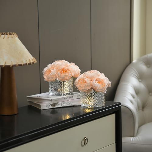 Artificial Peony Silk Flower Centerpieces with LED Light Faux Floral Arrangement in Glass Vase for Home Wedding Table Decoration (Blush Peach) - color: Light-blush Peach