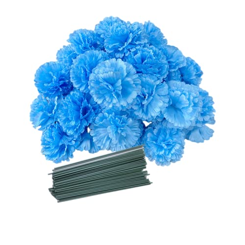 Rikyo 50 Artificial Silk Carnation Flower Head with Stems Set,Vase Fillers for Bridal Wedding Party Birthday Cake Ornaments,DIY Wrist Corsage, 3" Multiple Petals Heads & 8" Stems (Light Blue) - color: Light Blue