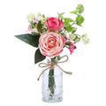 AFRITEE Flowers Bouquet in Small Vase - Pink Rose Artificial Fake Centerpiece Potted Flowers with Transparent Vase Set for House Dining Room Farmhouse Coffee Wedding Table - color: Pink Bouquet+relief Vase