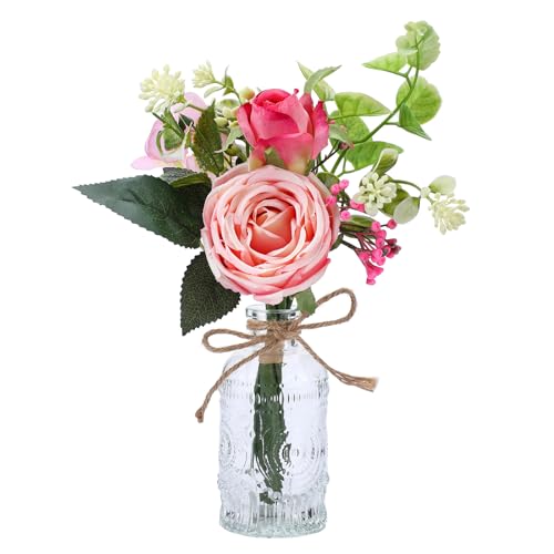 AFRITEE Flowers Bouquet in Small Vase - Pink Rose Artificial Fake Centerpiece Potted Flowers with Transparent Vase Set for House Dining Room Farmhouse Coffee Wedding Table - color: Pink Bouquet+relief Vase